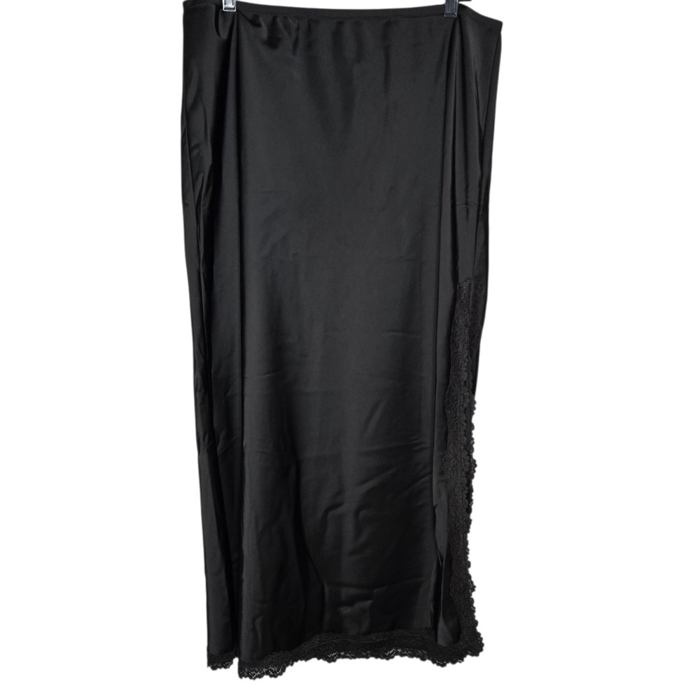 Wild Fable Black Satin Slip Midi Skirt Lace Trim Side Slit Gothic Coquette Large